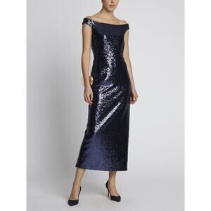 Saloni Therese Navy Blue Sequin Off-The-Shoulder Formal Sheath Midi Dress Size 0
